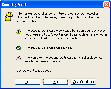 展示指出证书未证实的 Security Alert 的屏幕快照