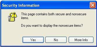 展示 Security Information 弹出窗口的屏幕快照，指出页面包含安全的和不安全的条目