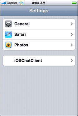 Settings 页面的屏幕截图，带有 General、Safari、Photos 和 iOSChatClient 选项