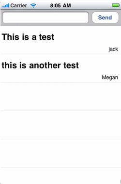消息文本框、Send 按钮和用户 jack 及 megan 的两条测试消息的屏幕截图
