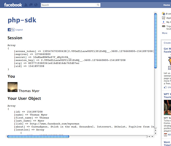 作者的 Facebook 应用程序的截屏,标题为 “PHP-SDK”
